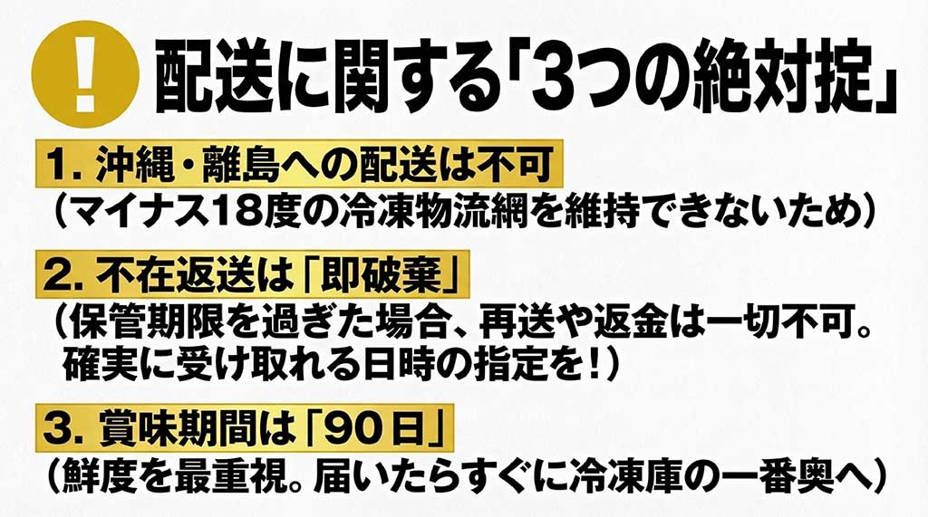 離島配送不可、不在返送時の破棄、賞味期限90日といった重要な配送ルールの解説