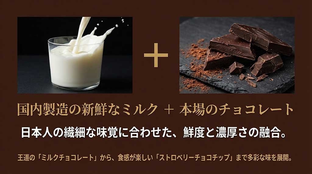 国内製造の新鮮なミルクと本場のチョコレートを融合させた、日本人の繊細な味覚に合わせたこだわりの原材料