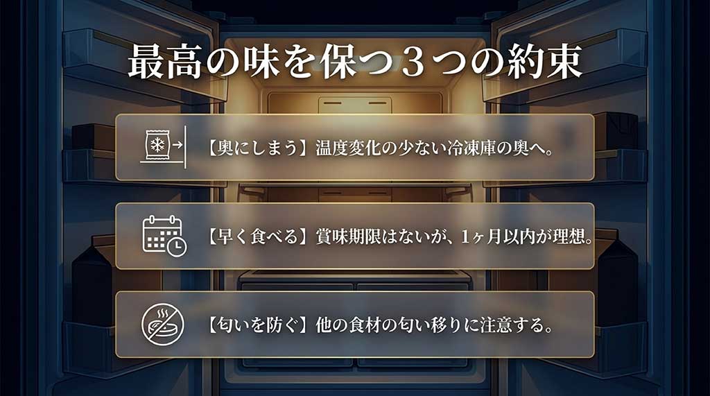 冷凍庫の奥にしまう、1ヶ月以内に早く食べる、他の食材の匂い移りを防ぐという3つの約束