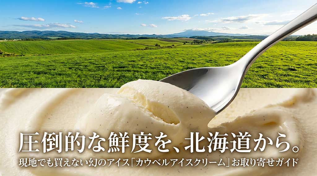 北海道大樹町の「カウベルアイスクリーム」お取り寄せガイドの表紙。圧倒的な鮮度を伝えるキャッチコピー
