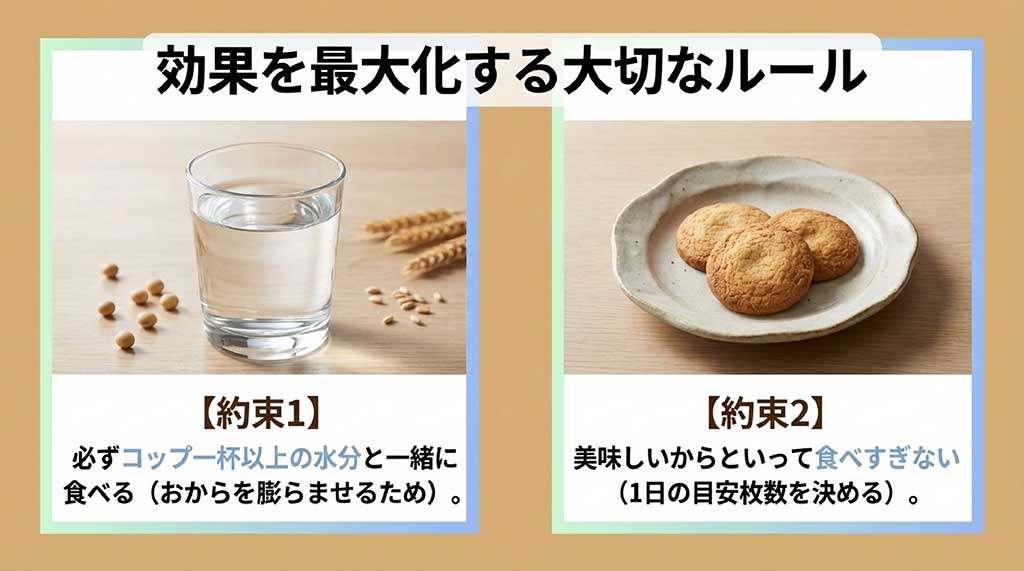 コップ一杯の水分と一緒に食べることと、1日の目安枚数を守るという2つの大切なルール