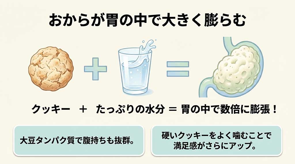 おからクッキーが水分と一緒に胃の中に入ることで数倍に膨張し、満腹感を与える仕組みの図解