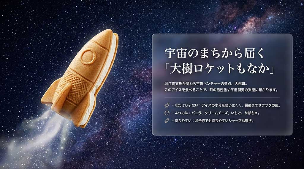 ロケットの形をした「大樹ロケットもなか」の紹介。サクサクの皮と4つの味の解説