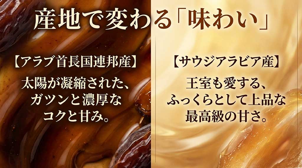濃厚なUAE産と上品な最高級の甘さのサウジアラビア産デーツの違い