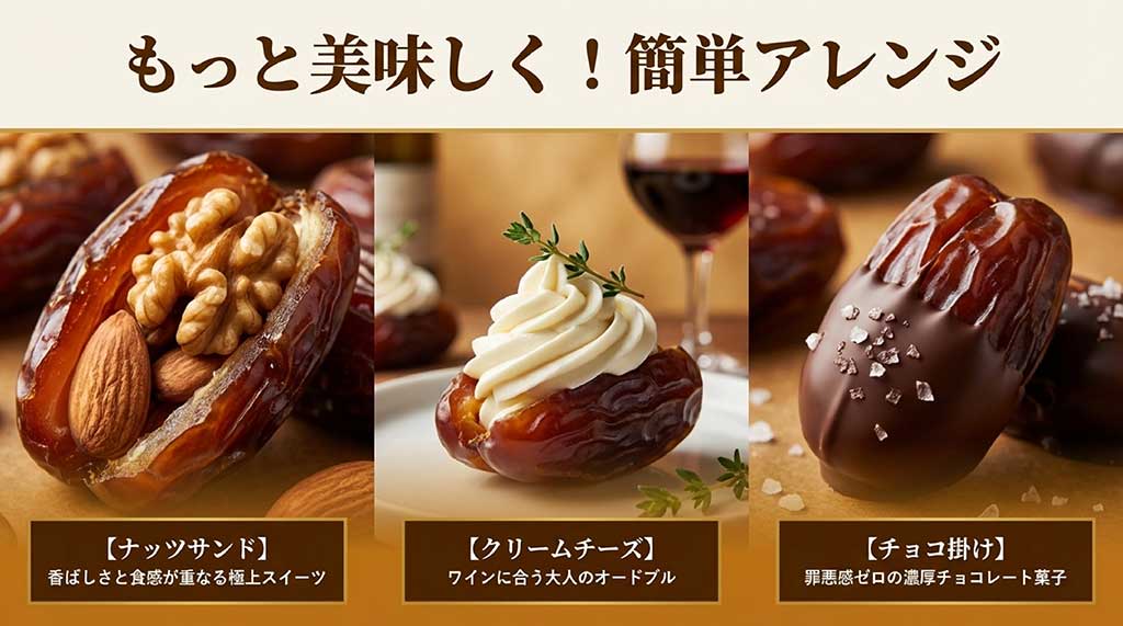 ナッツサンド、クリームチーズ、チョコ掛けなど、デーツをもっと美味しく食べるためのアレンジ紹介