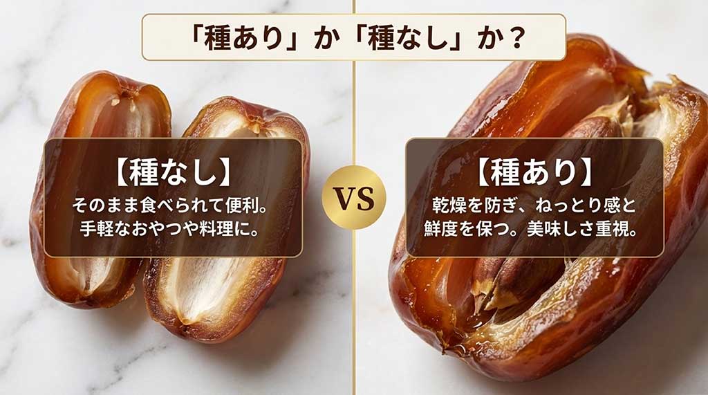 利便性の種なしデーツと、鮮度・美味しさ重視の種ありデーツのメリット比較