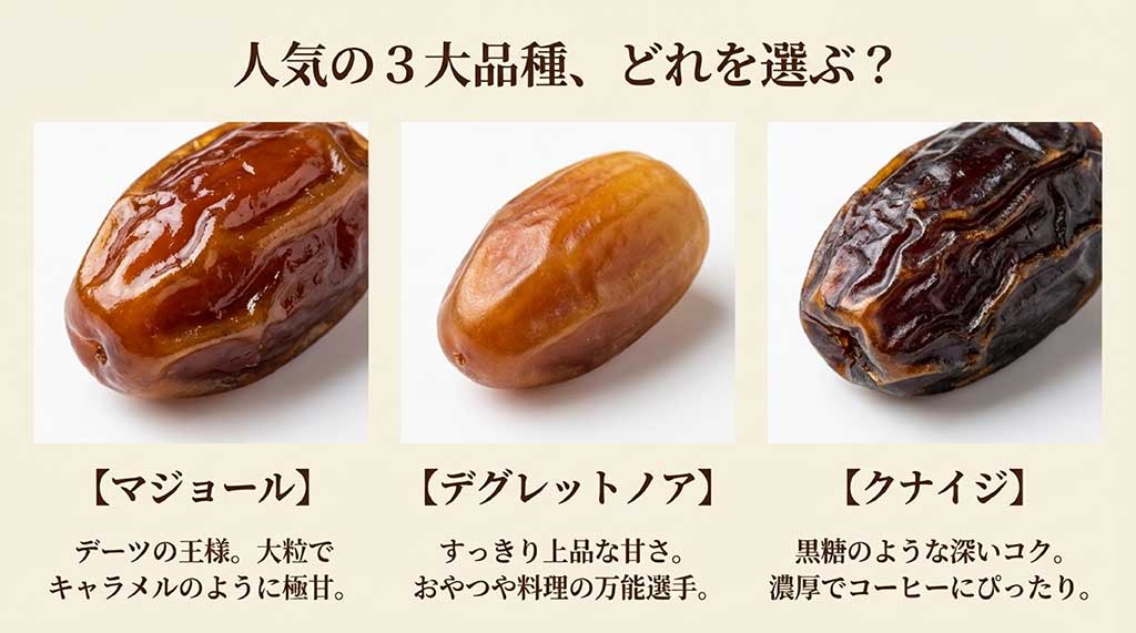 デーツの主要品種であるマジョール、デグレットノア、クナイジの味と特徴の比較