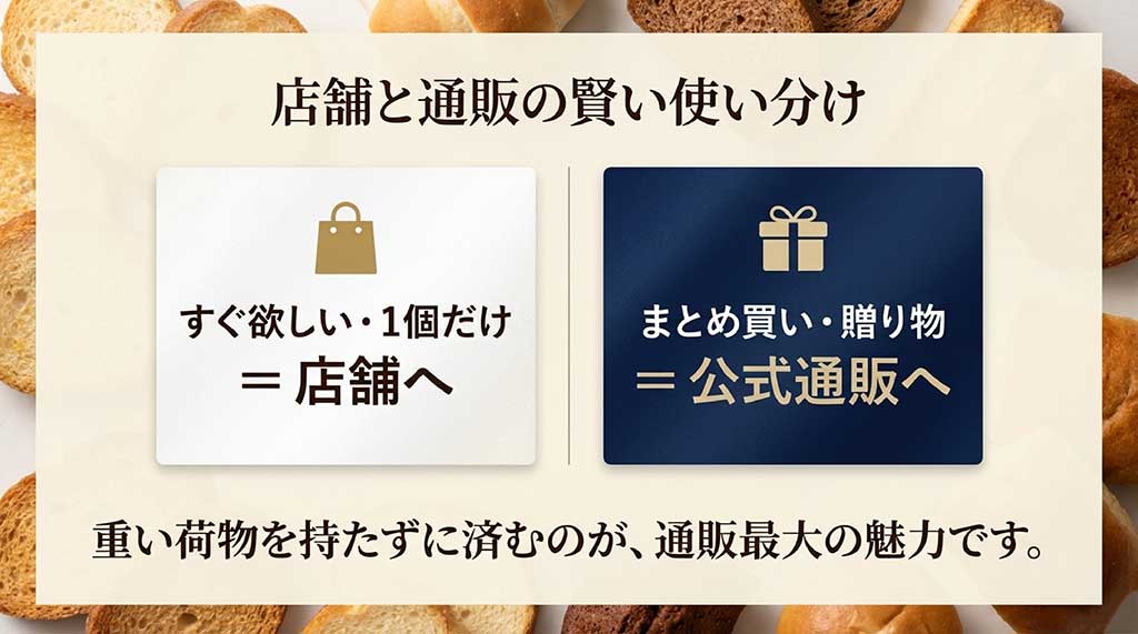 すぐ欲しい場合は店舗へ、まとめ買いや贈り物は公式通販へという使い分けのガイド