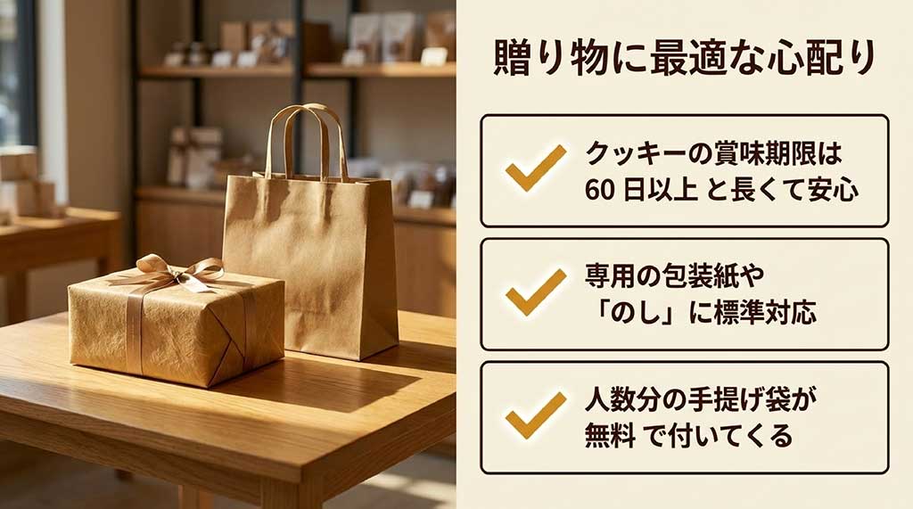 クッキーの賞味期限60日以上、専用包装紙・のし対応、人数分の手提げ袋無料サービスの詳細