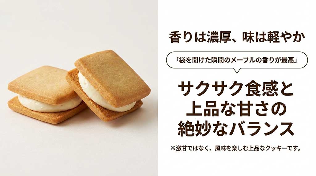 濃厚な香りと軽やかな味。サクサク食感と上品な甘さのバランスを解説したスライド