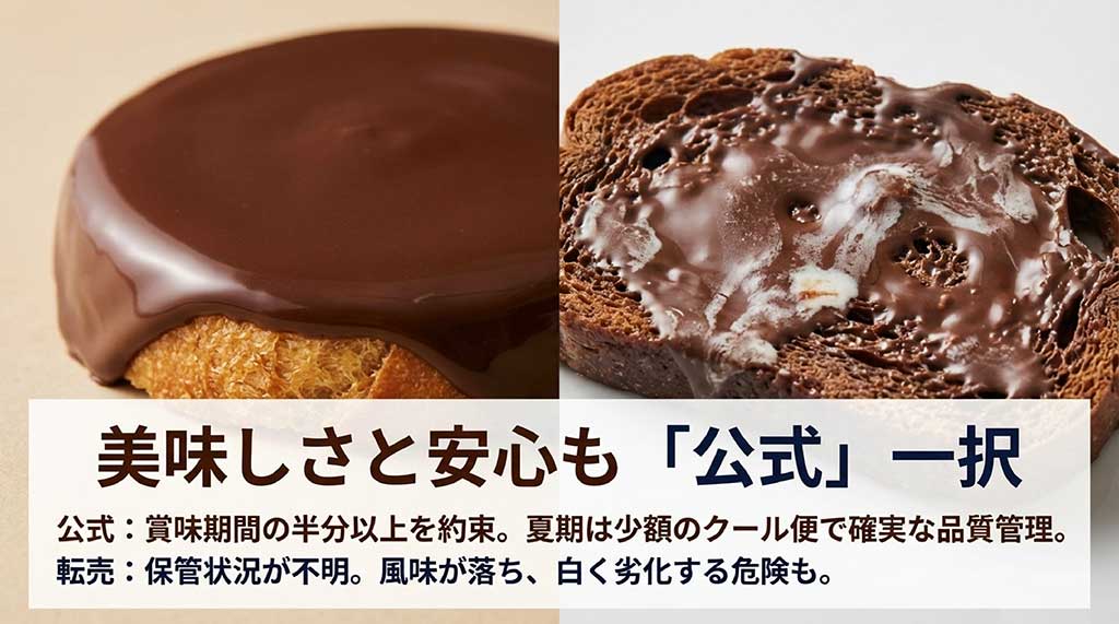 公式通販は賞味期間の保証やクール便管理がある一方、転売品は保管状況が不明で風味が落ちる危険性があることの比較