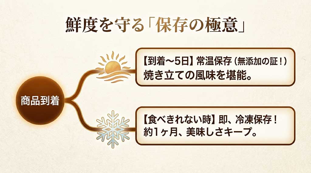 到着から5日は常温保存、食べきれない場合は即冷凍で1ヶ月美味しさをキープする保存方法の解説