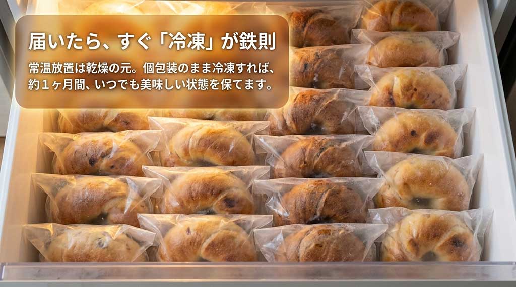 ベーグル保存の鉄則。乾燥を防ぐため個包装のまま冷凍。約1ヶ月間美味しさをキープ可能