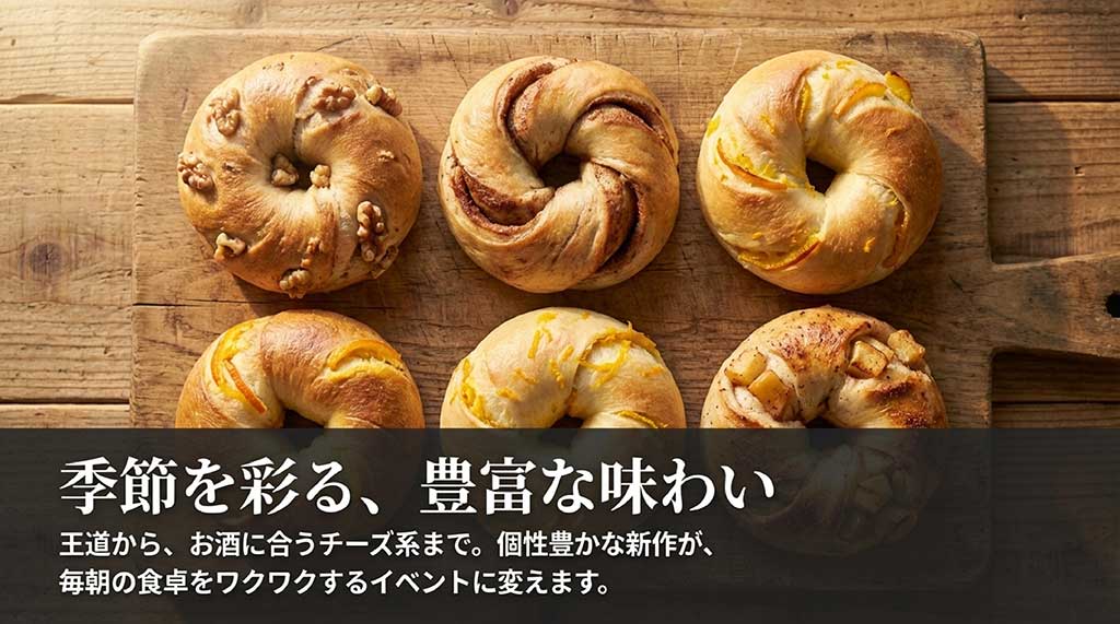 王道のプレーンからお酒に合うチーズ系まで、個性豊かな新作ベーグルのイメージ