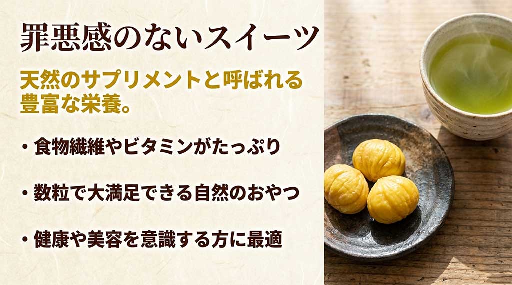食物繊維やビタミンが豊富で、美容や健康を意識する方に最適な「罪悪感のないスイーツ」であることを紹介するスライド