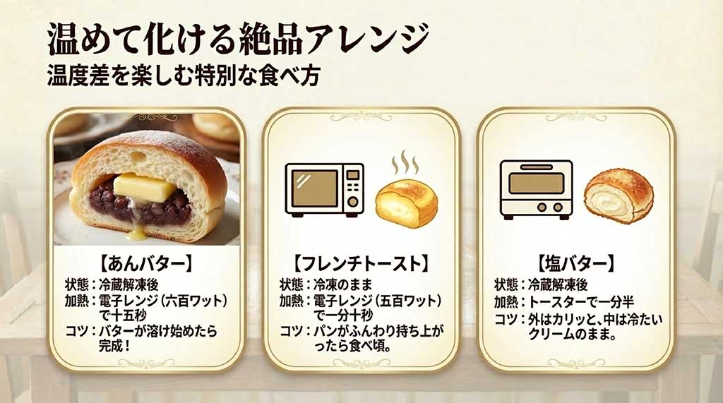 あんバター(レンジ15秒)、フレンチトースト(レンジ1分10秒)、塩バター(トースター1分半)の加熱目安とコツ