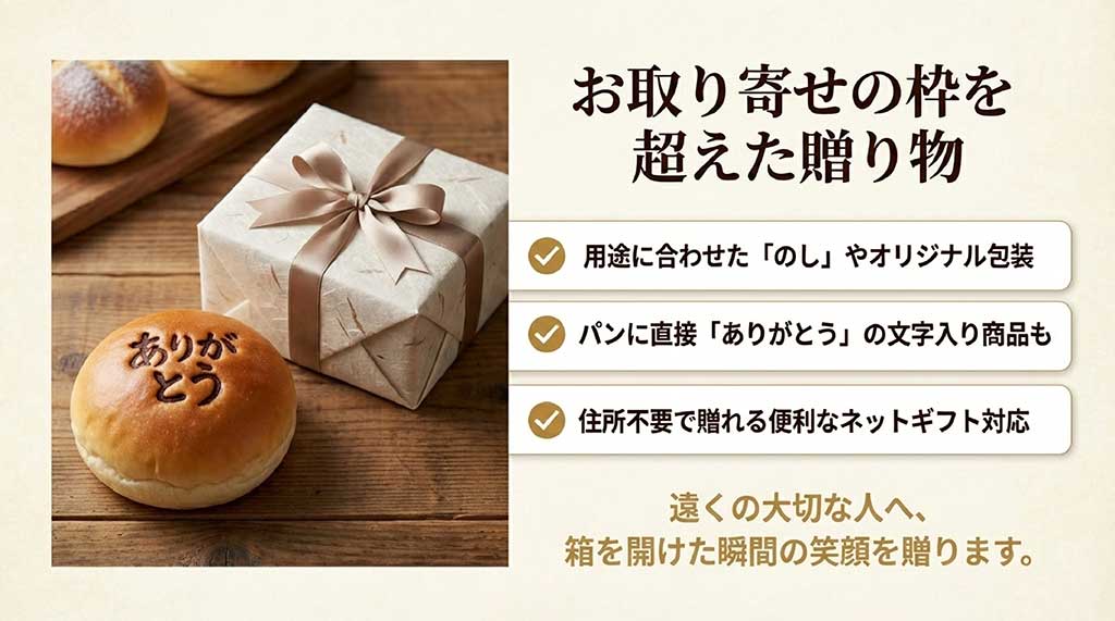 用途に合わせた「のし」や包装、パンへの「ありがとう」文字入り、住所不要のネットギフト対応の紹介