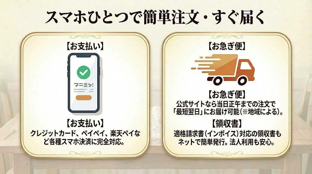 各種スマホ決済、公式サイト限定の最短翌日お届け「お急ぎ便」、インボイス対応領収書の発行について