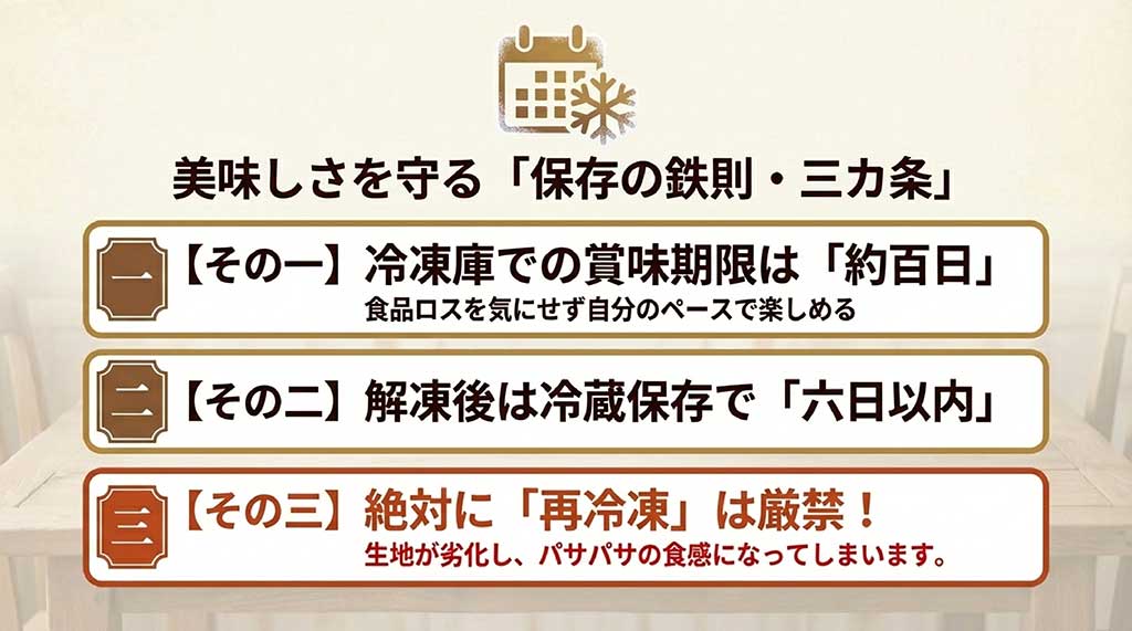 保存の3つのルール:冷凍で約100日、解凍後は冷蔵で6日以内、再冷凍は厳禁