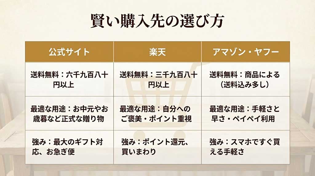 公式サイト、楽天、アマゾン・ヤフーの送料無料ライン、最適な用途、強みを比較した表。公式サイトは6,980円以上、楽天は3,980円以上で送料無料