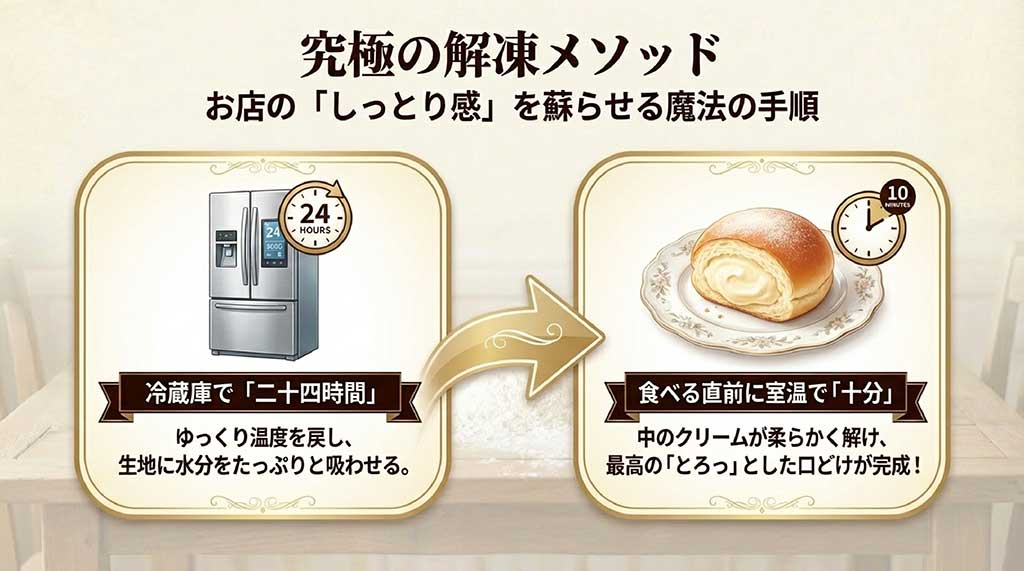 冷蔵庫で24時間ゆっくり温度を戻し、食べる直前に室温で10分置くことで、最高の口どけを再現する手順