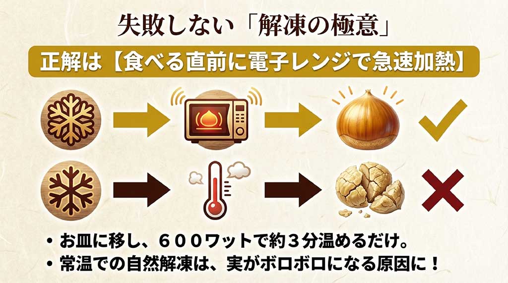 食べる直前に電子レンジ600Wで約3分温めるのが正解であり、自然解凍は実がボロボロになる原因になると警告する解説画像
