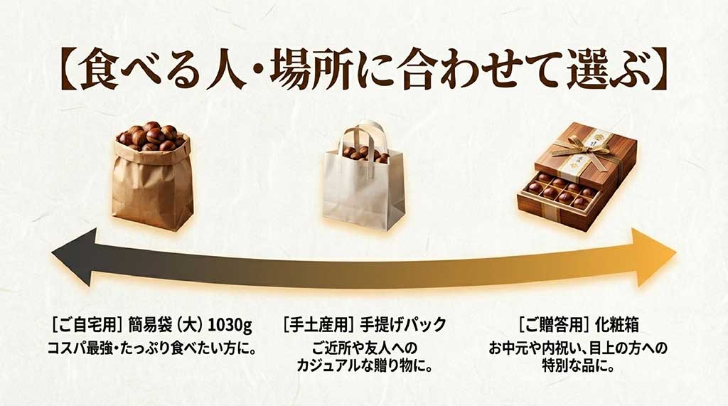 コスパ重視の1030g入り簡易袋、カジュアルな手提げパック、特別な品に最適な化粧箱の写真と用途の解説