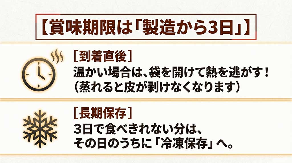 製造から3日の賞味期限、到着時に熱を逃がすコツ、3日以内に食べきれない場合の冷凍保存の推奨