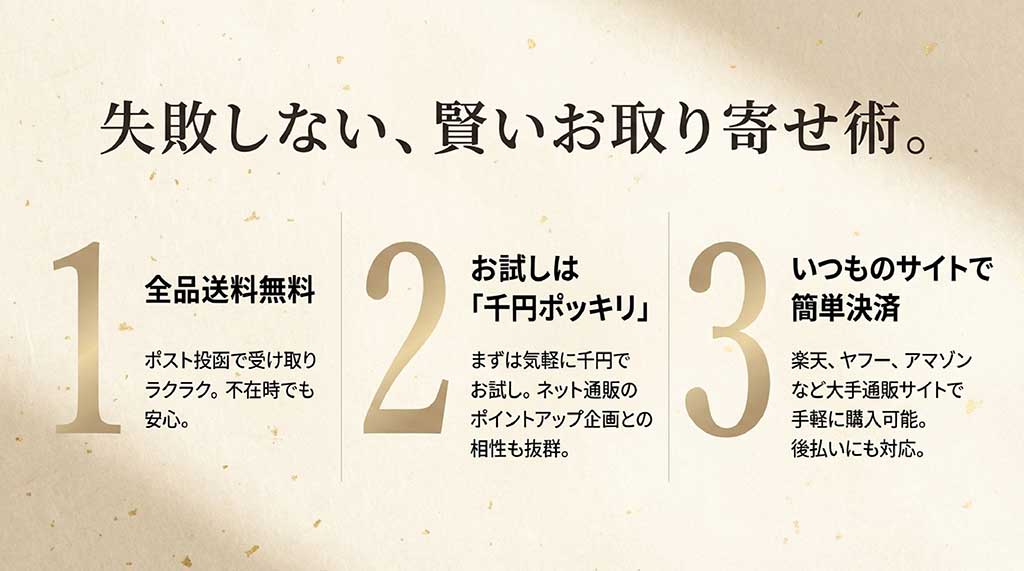 全品送料無料、1,000円ポッキリのお試しセット、ポスト投函、大手モール（楽天・Yahoo・Amazon）での決済対応をまとめたスライド
