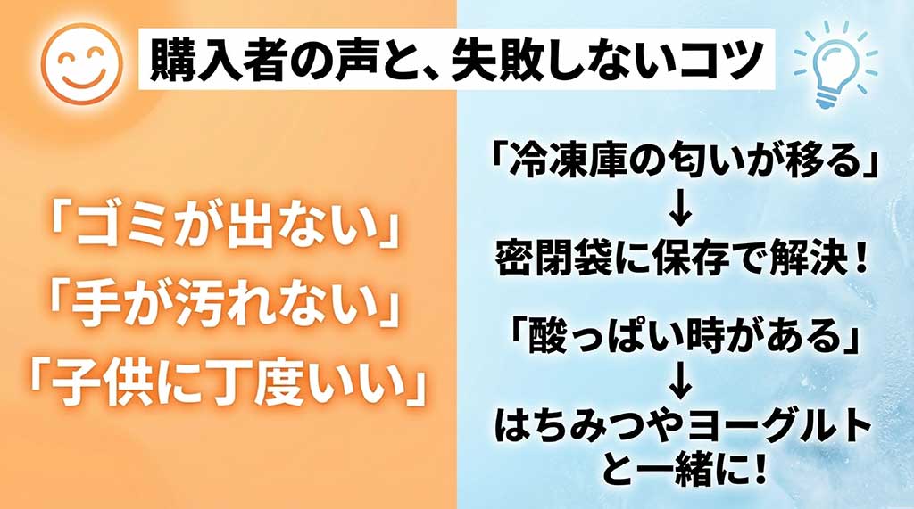 「手が汚れない」などの良い口コミと、「匂い移り」対策として密閉袋保存を推奨するなどのコツをまとめたスライド