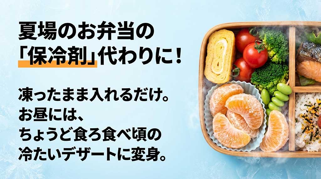 夏場のお弁当に凍ったままの「むかん」を入れることで、保冷剤代わりになり、お昼には食べ頃のデザートになることを紹介するスライド