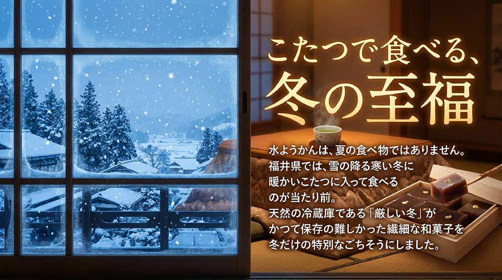 雪の降る厳しい冬に、暖かいこたつで冷たい水ようかんを食べる福井の習慣の解説