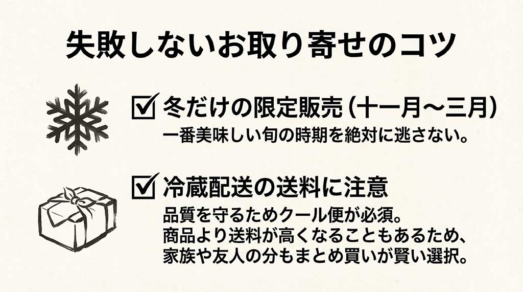 冬季限定販売の確認や、冷蔵配送の送料を抑えるためのまとめ買いの推奨