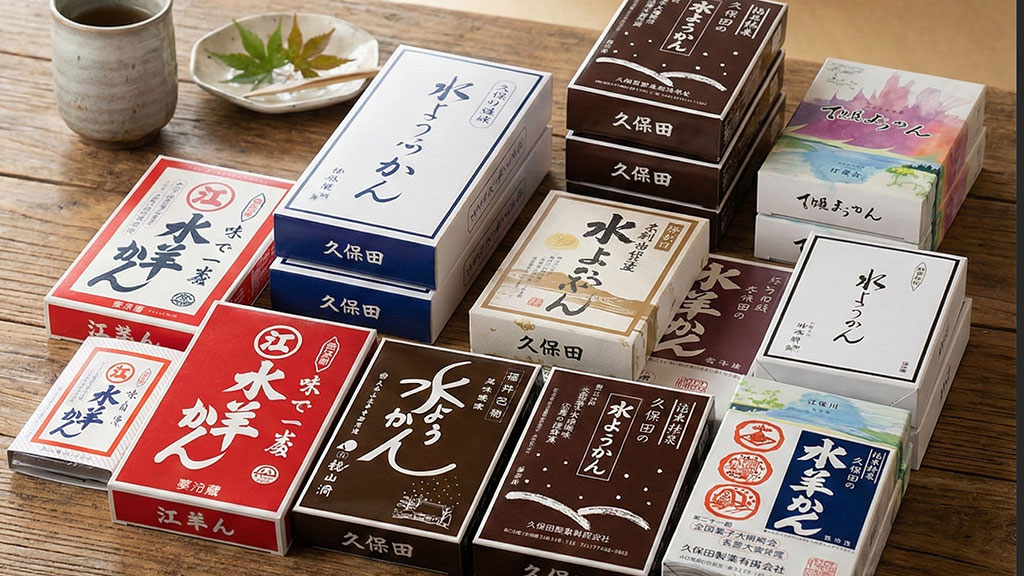 さまざまな種類の水ようかんの箱が並べられたイメージ。赤や落ち着いた色合いなど、異なるデザインの箱がいくつか置かれており、有名店を選び比べる楽しさや種類の豊富さを表現している。