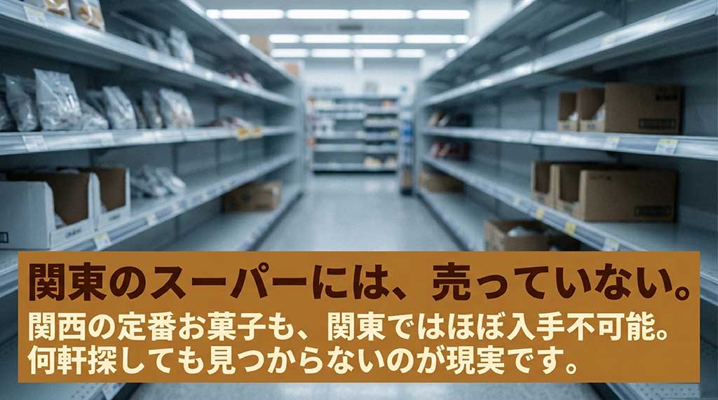 関東のスーパーには売っておらず、何軒探しても見つからない現実を伝えるスライド