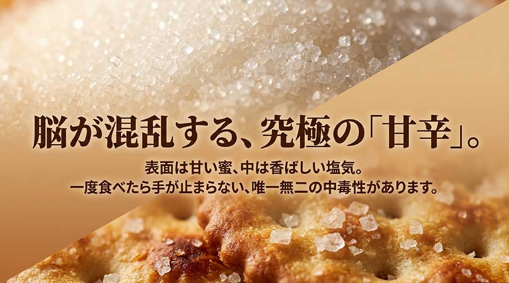 表面は甘い蜜、中は香ばしい塩気で、脳が混乱するほどの中毒性があることを説明するスライド