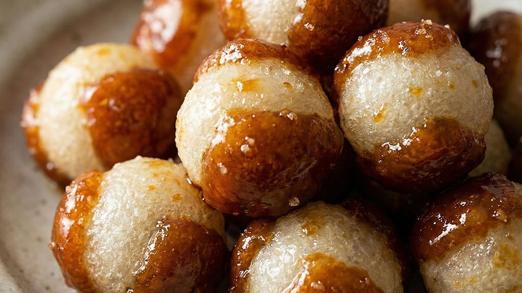 鶯ボールの独特な甘じょっぱい蜜と、梅の花のつぼみのような形状を捉えたクローズアップ写真。