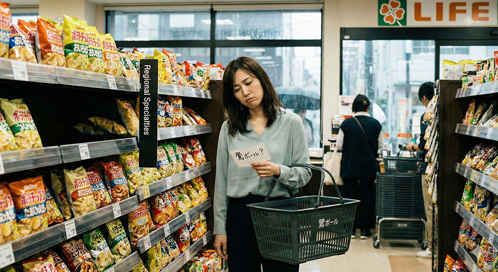 関東のスーパーで関西ローカルのお菓子「鶯ボール」を探し、見つからずに落胆する様子の日本人女性。