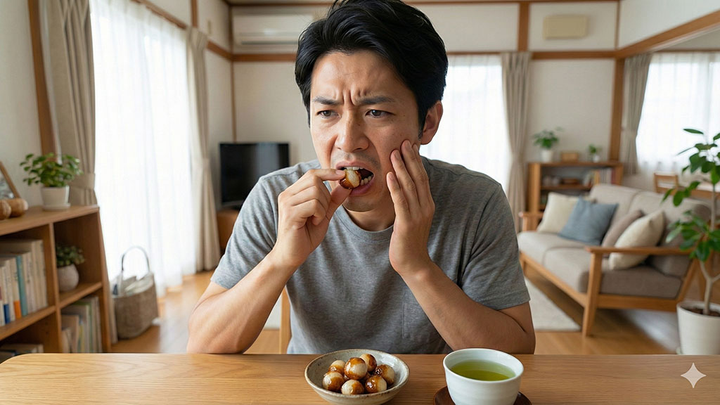 歯の詰め物が取れる可能性があるほど硬い鶯ボールを、慎重に噛み砕こうとする日本人。