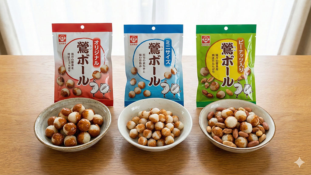 通常版、ミニサイズ、ピーナッツ入りの3種類の鶯ボールを並べて比較した集合写真。