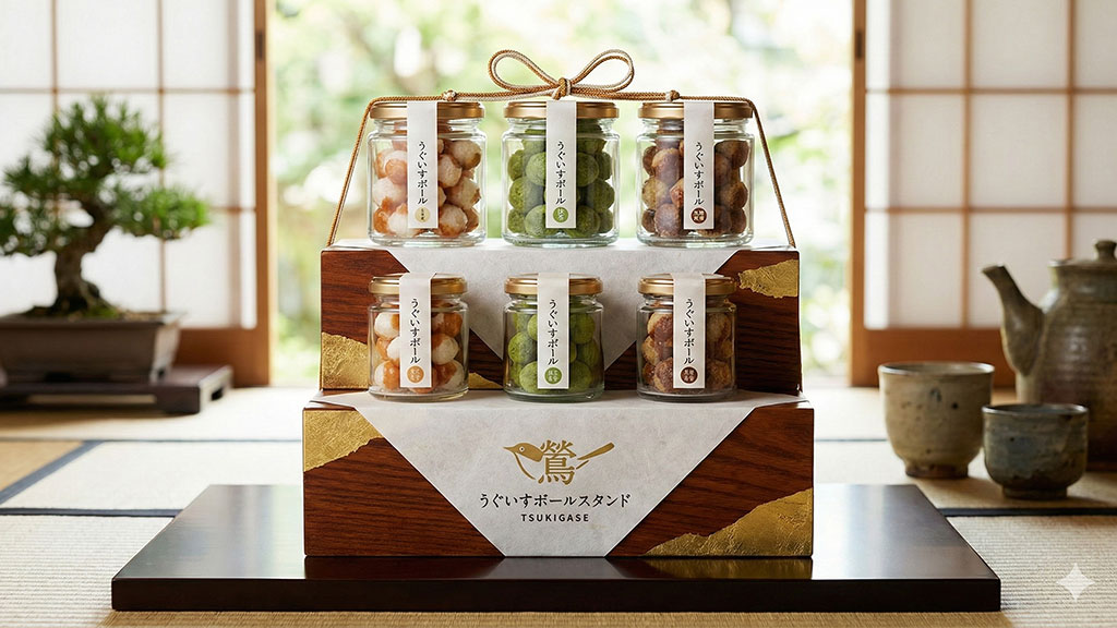 贈答品やお土産に適した、おしゃれで高級感のある「うぐいすボールスタンド」のギフトパッケージ。