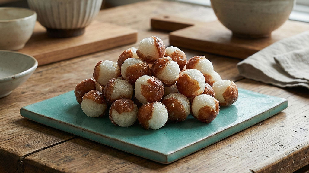 鶯ボールの独特な甘じょっぱい蜜と、梅の花のつぼみのような形状を捉えたクローズアップ写真。