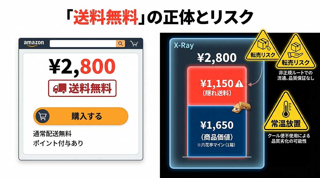 Amazon等での送料無料商品の価格内訳（隠れ送料）と、転売・常温放置による品質劣化リスクの警告図。