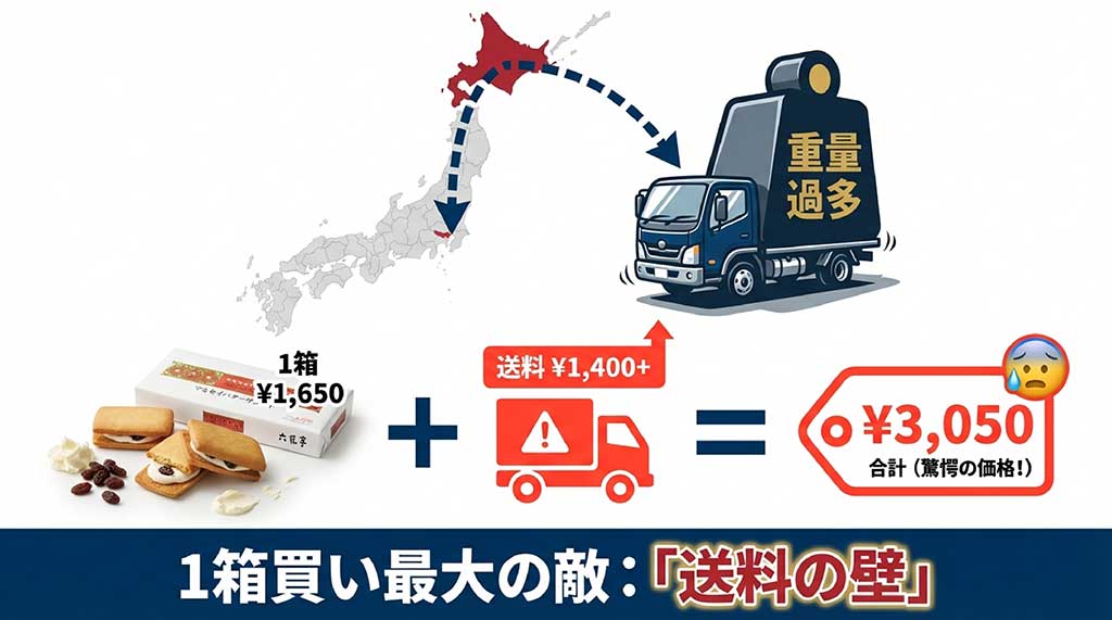 マルセイバターサンドを1箱通販した際の、商品代金1,650円と送料1,400円を合計した3,050円の内訳を示す図解。