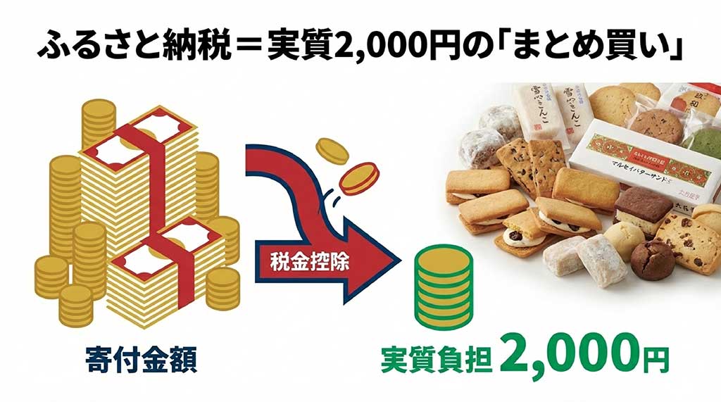 ふるさと納税を利用して、実質負担2,000円でマルセイバターサンドをお得に受け取る仕組みの図解。