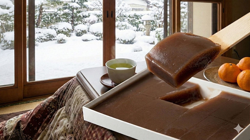 福井県の冬の風物詩。雪が降る外の景色を背景に、暖かい部屋のこたつに箱に入った「一枚流し」の水ようかんをヘラですくって食べている様子。