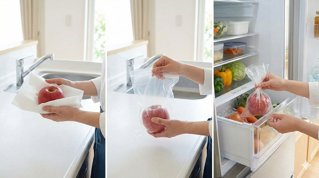 鮮度を保つためにキッチンペーパーとポリ袋を使ってりんごを冷蔵保存する手順