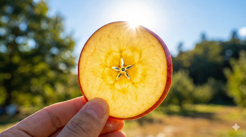 太陽の光にかざすとステンドグラスのように蜜が透けるこみつりんごの輪切り