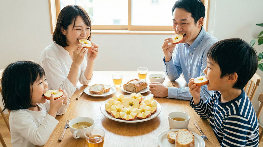 家族みんなで皮ごとの輪切り(スターカット)にしたこみつりんごを楽しむ食卓の風景