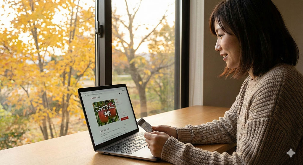 旬を逃さないよう秋のうちに通販サイトでこみつりんごを予約する日本人女性